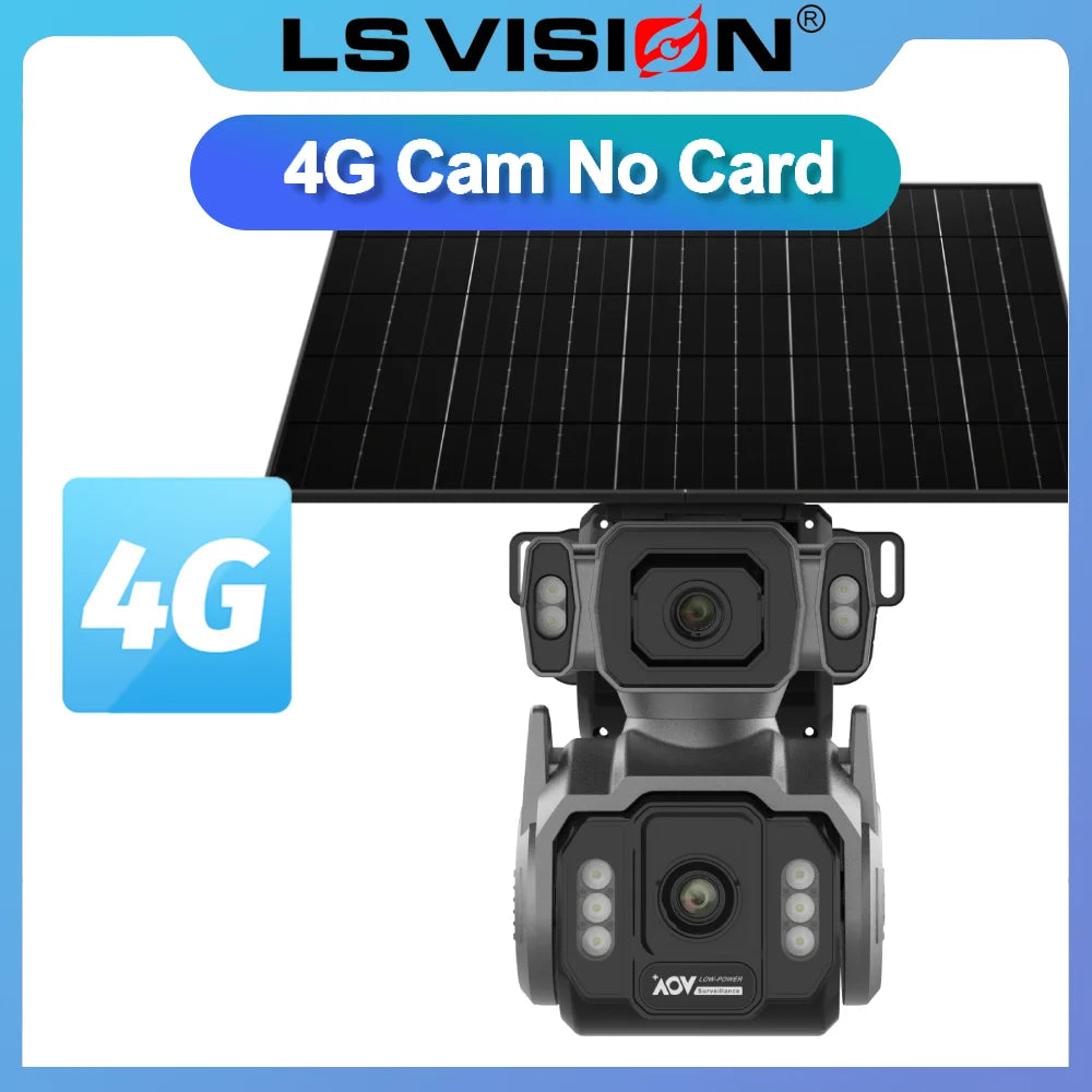 LS VISION Dual Screens 10MP AOV Solar Camera Outdoor 12X Zoom 24/7 Recording 4G SIM Auto Tracking Zoom PTZ Security Cameras CCTV