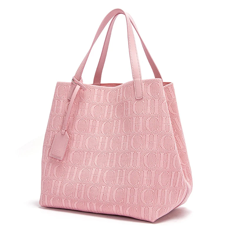 CHCH Tote Bag New Large Capacity Black Simple Knitted Shopping Bag 27*20*28cm