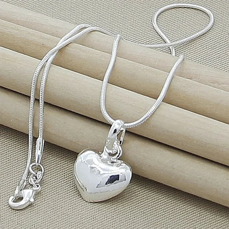 Silver Color Solid Small Heart Pendant Necklace 16-30 Inch Snake Chain For Women Wedding Charm Fashion Jewelry GIFTS