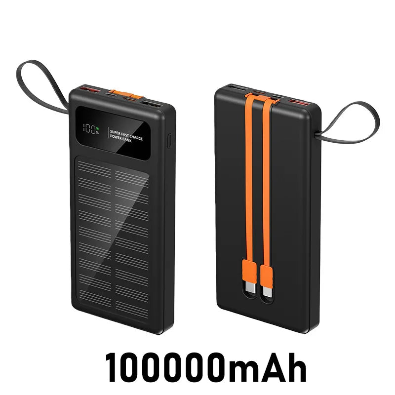 200000mAh Solar Power Bank Built 2 in1 Cable 120W Fast Charging Portable Solar Phone Charger Digital Display External Battery