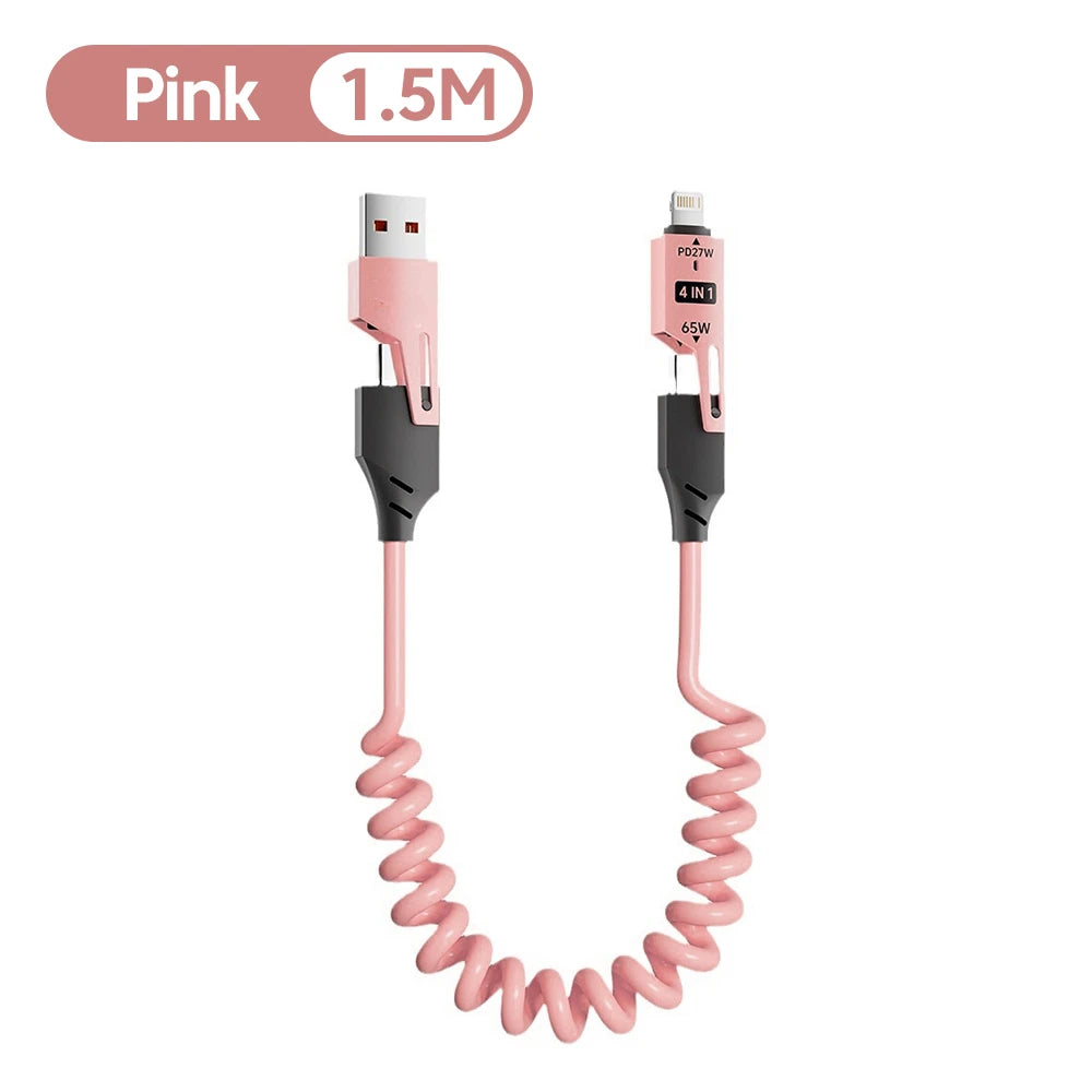 4-in-1 Telescopic Spring Cable 65W 6A USB C to Type C Quick Charger Data Cord for iPhone 15 16 14 13 X Fast Charging USB C Cable