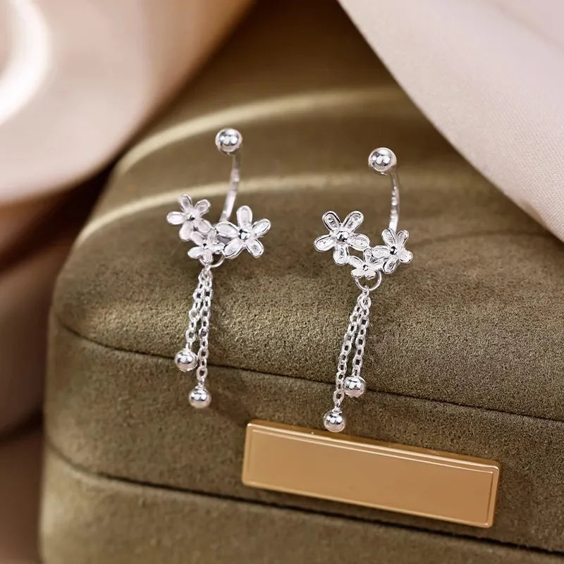 Real 925 Sterling Silver Flower Bead Screw Chain Tassel Plant Stud Earrings For Women Cute Fine Jewelry Light Luxury Accessories