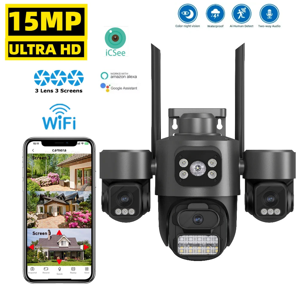 15MP HD Three Screen WIFI IP Camera Outdoor 4K Dual Lens Camera Ai Human Detection Waterproof CCTV Video Security Camera iCsee