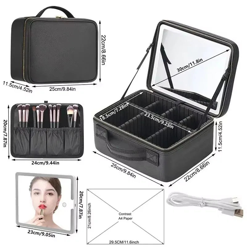 Makeup Organizer Case With Mirror Light 3 Adjustable Brightness Travel Train Cosmetic Toolbox Tattoo Tool Women Makeup Bag Case
