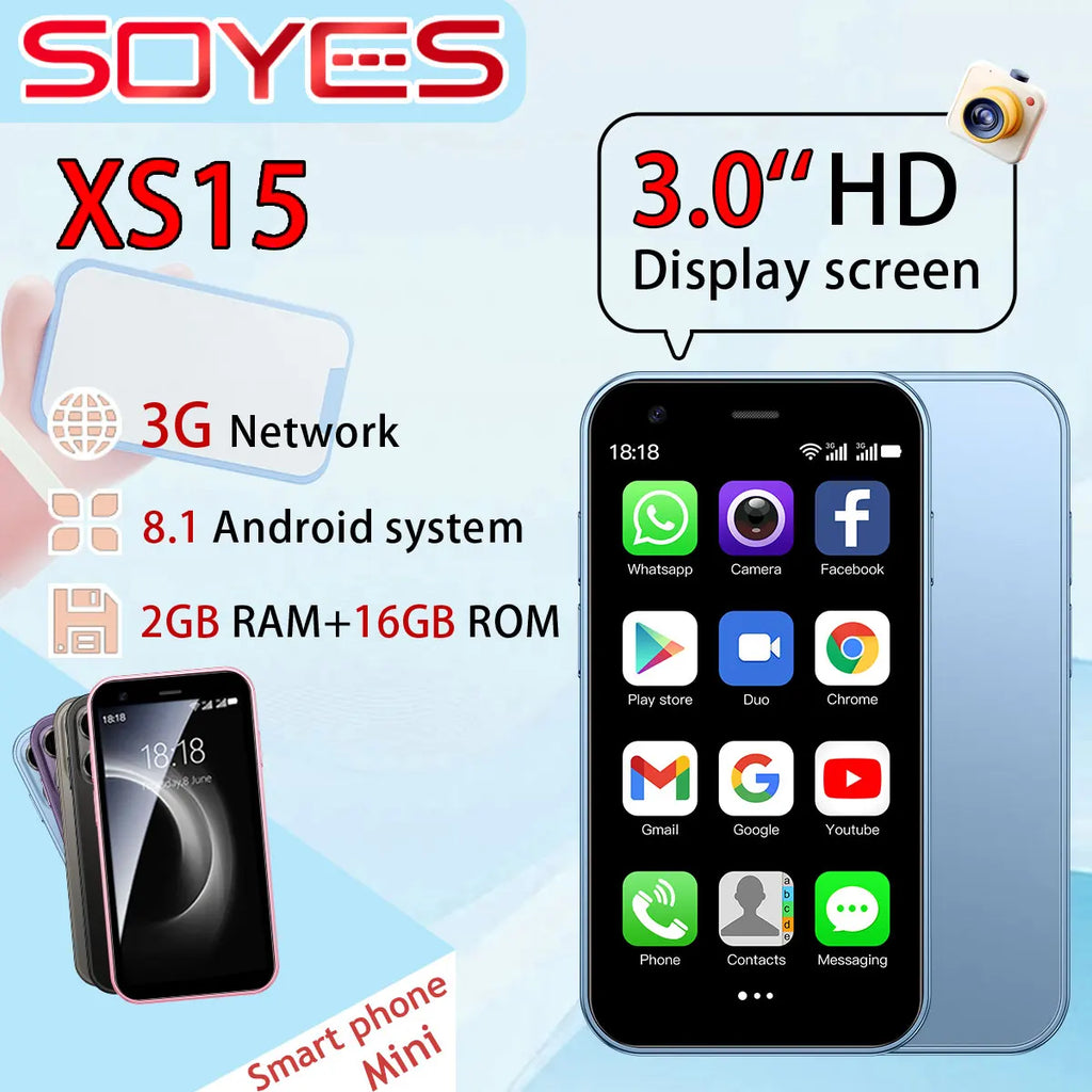 SOYES XS15 Blue Mini Smartphone Android 8.1 3.0-inch Display Android 8.1 2/16 Storage Dual SIM Dual Standby Support Play Store