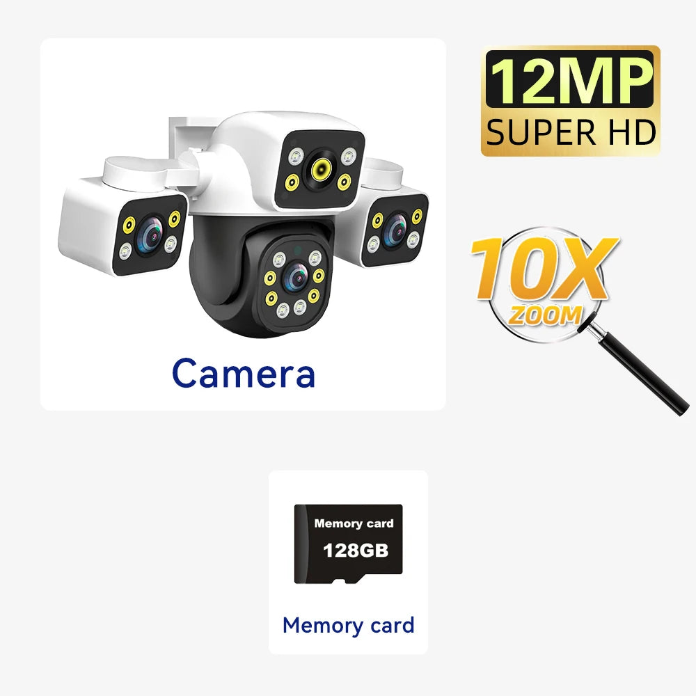 12MP 10X Zoom Outdoor WiFi Camera Three Screen Three Lens PTZ Automatic Tracking Audible Visual Alarm Security Camera