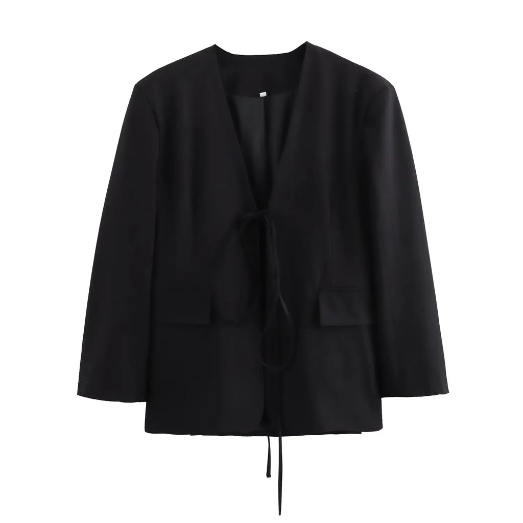 KONDALA Casual Oversized Black Blazer Women V Neck Bow Tie Pockets Loose Jackets Fashion 2025 Fall Streetwear Women Outwears