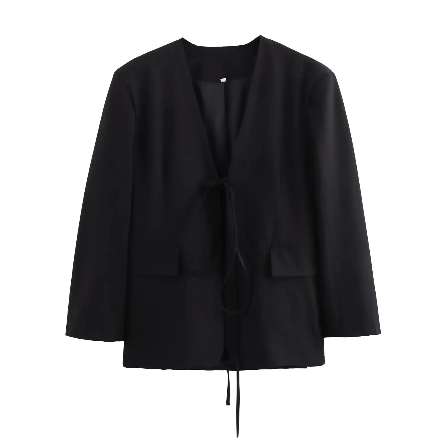 KONDALA Casual Oversized Black Blazer Women V Neck Bow Tie Pockets Loose Jackets Fashion 2025 Fall Streetwear Women Outwears
