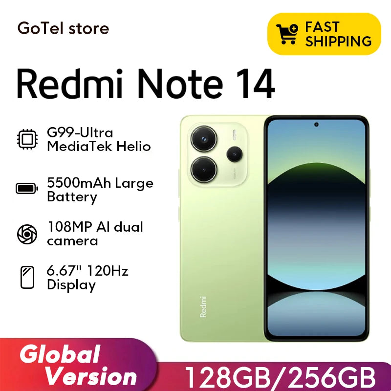 Xiaomi Redmi Note 14 MediaTek Helio G99-Ultra 120Hz 108MP AI Camera 5500mAh Global Version 33W 6.67" AMOLED