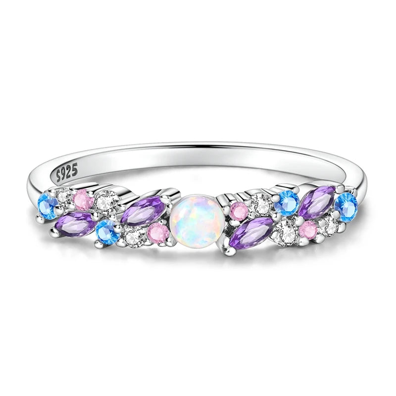 Original 925 Sterling Silver Sparkling Ice-Blue Purple Opal Ring For Women Girls Jewelry Birthday Anniversary Gifts