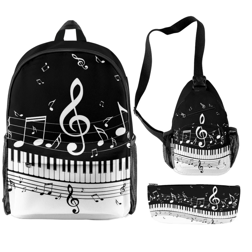 Piano Notes Black and White Pattern Large Capacity Student School Bags for Boys Girls Kids Bookbag Men Casual Shoulder Backpack