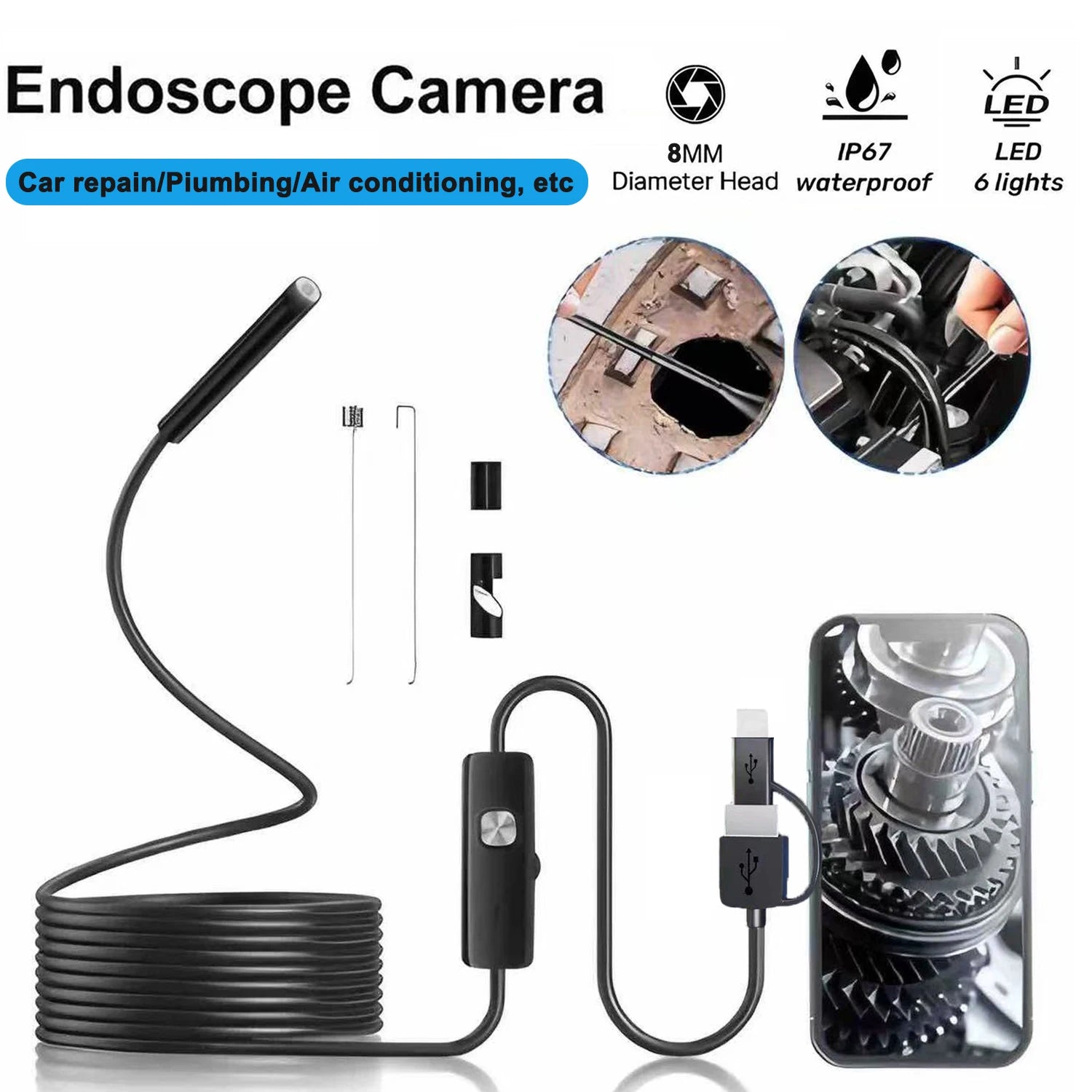 8MM Android Endoscope Camera 3 IN1 Micro USB Type C Borescope Mini Camera Waterproof LED Car Inspection