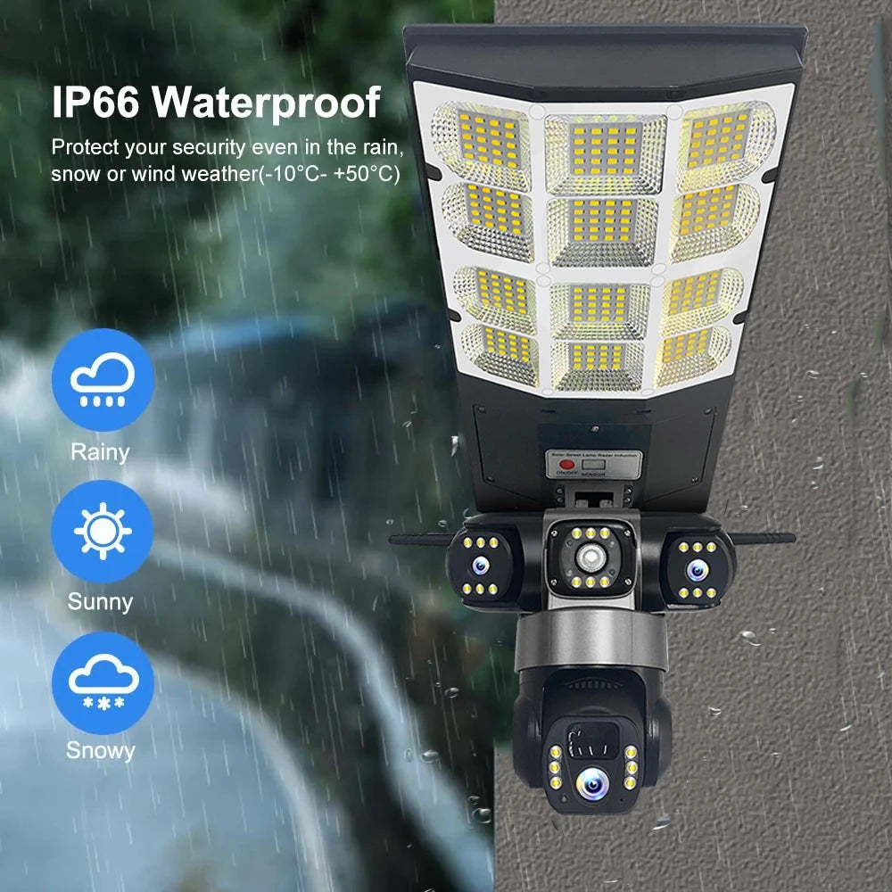 4G Solar Camera V380 Pro 3 Lens LED Street Lamp CCTV AI Human Detection Surveillance Waterproof Outdoor Monitor Built-in Battery