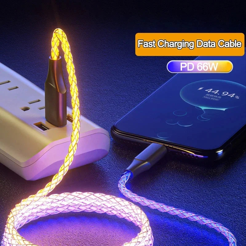 RGB 66W 6A Fast Charging USB to C &  TYPE C TO C  Cable Colorful Streamer Glowing Line