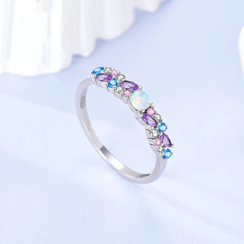 Original 925 Sterling Silver Sparkling Ice-Blue Purple Opal Ring For Women Girls Jewelry Birthday Anniversary Gifts