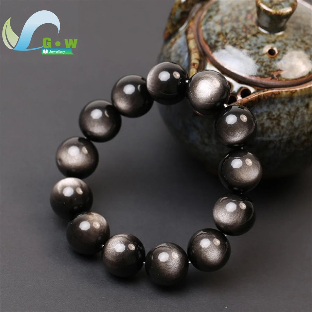 Natural Silver Obsidian Bracelet Men's and Women's Models Double Cat Eyes Silver Obsidian Gold Obsidian Lucky Amulet Hand String