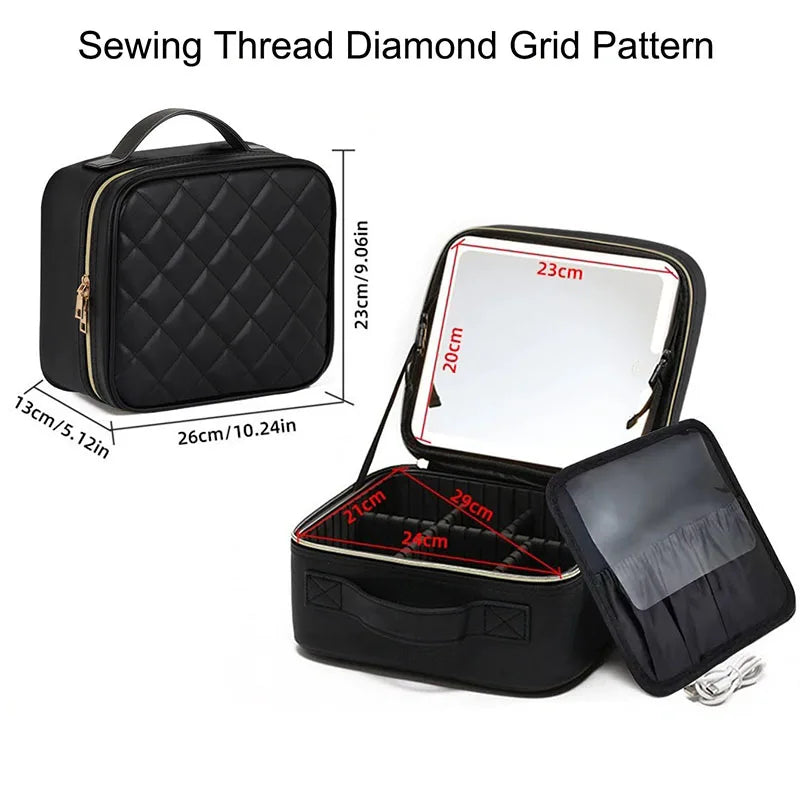 Makeup Organizer Case With Mirror Light 3 Adjustable Brightness Travel Train Cosmetic Toolbox Tattoo Tool Women Makeup Bag Case