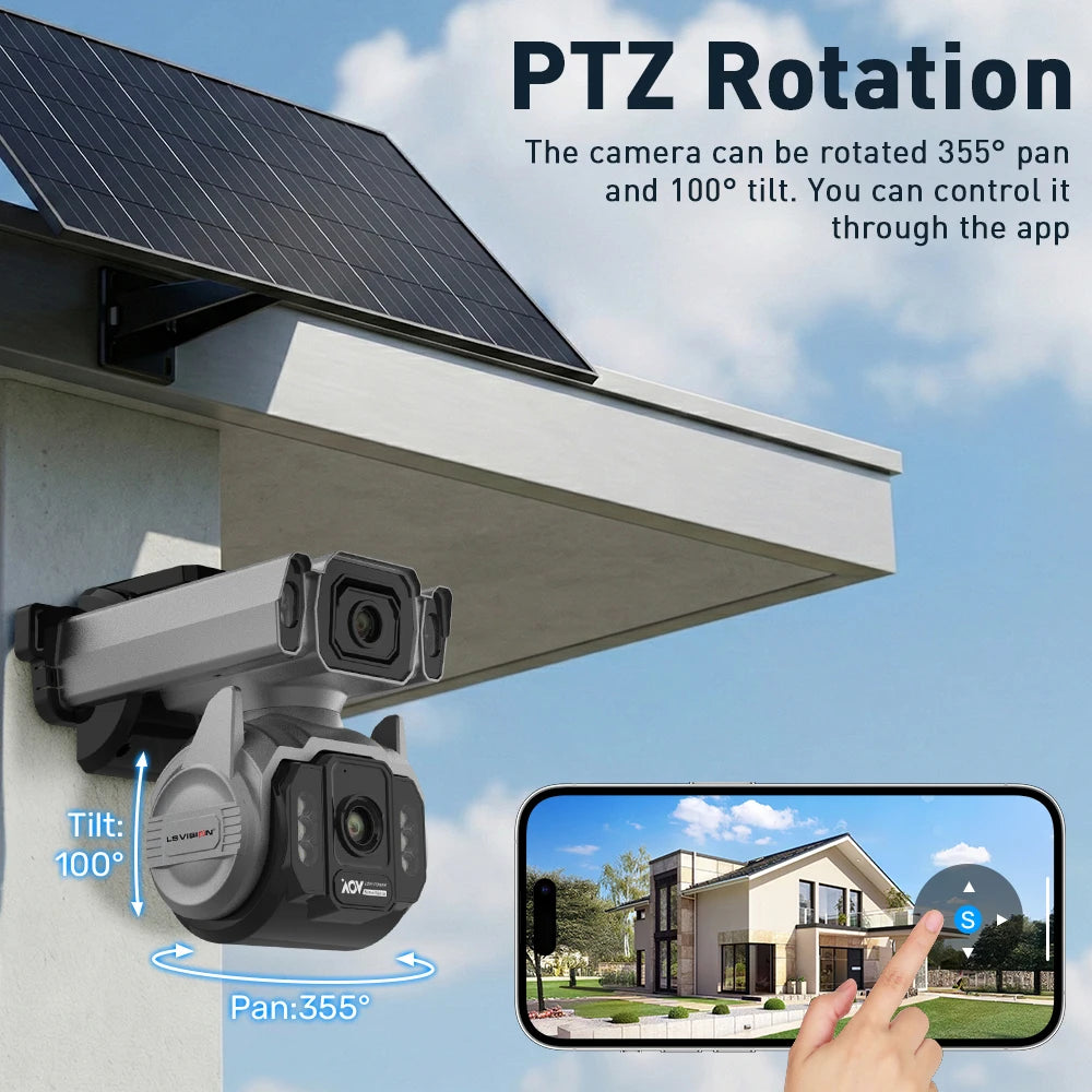 LS VISION Dual Screens 10MP AOV Solar Camera Outdoor 12X Zoom 24/7 Recording 4G SIM Auto Tracking Zoom PTZ Security Cameras CCTV