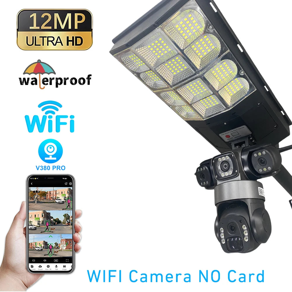 V380PRO Solar Streetlight Three Lens 4G Camera Built in Battery Automatic Lighting Outdoor Low Powered Monitor Light PTZ Camera