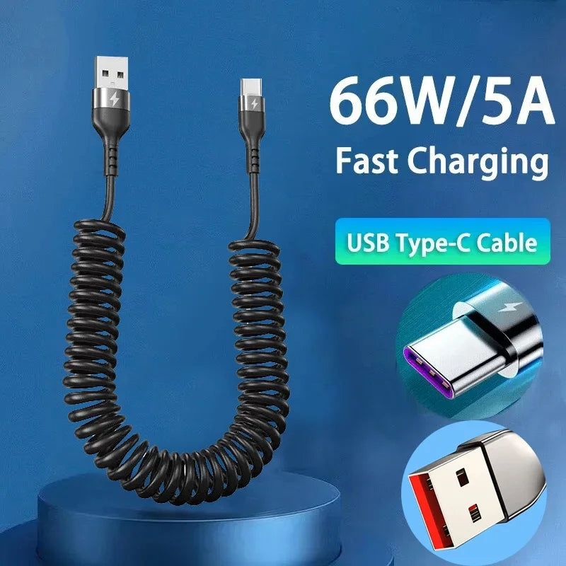 Spring Telescopic Cable For iPhone 15 14 Samsung Xiaomi OnePlusCar USB Type C 66W & LIGHTNING PD Fast Charging Type C to Type C