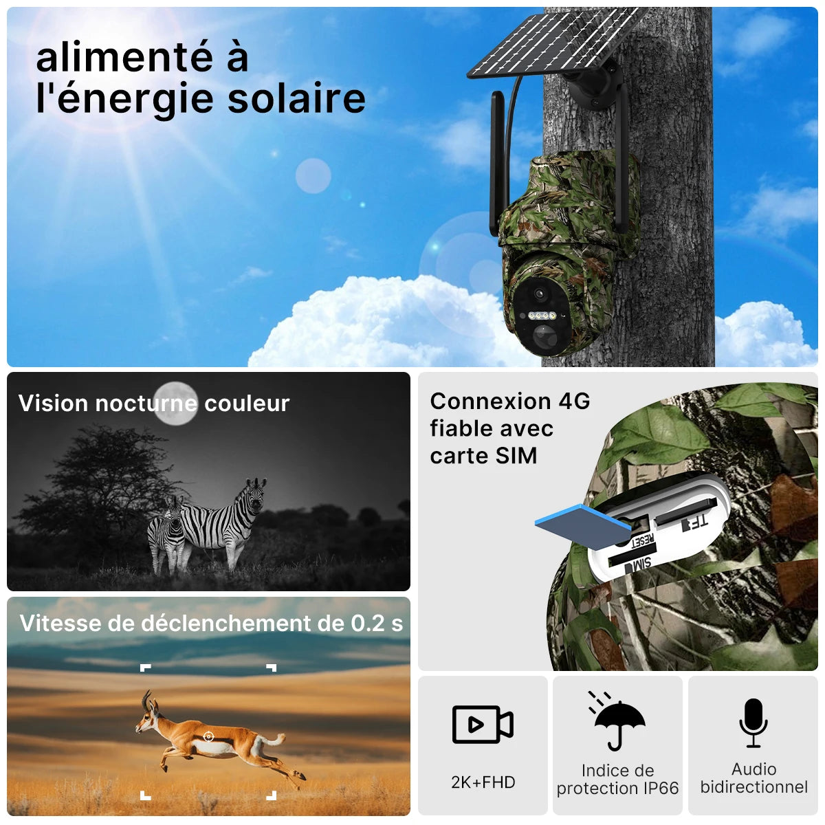 4G SIM Solar Power Supply Camera Outdoor Monitor PIR Human Detection Camouflage Hunting Surveillance HD Night Vision Ucon App