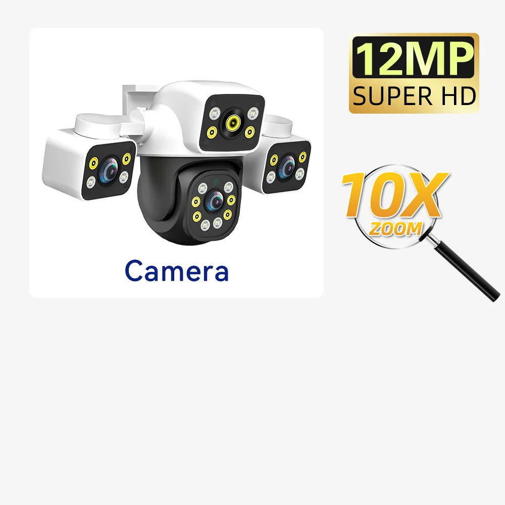 12MP 10X Zoom Outdoor WiFi Camera Three Screen Three Lens PTZ Automatic Tracking Audible Visual Alarm Security Camera