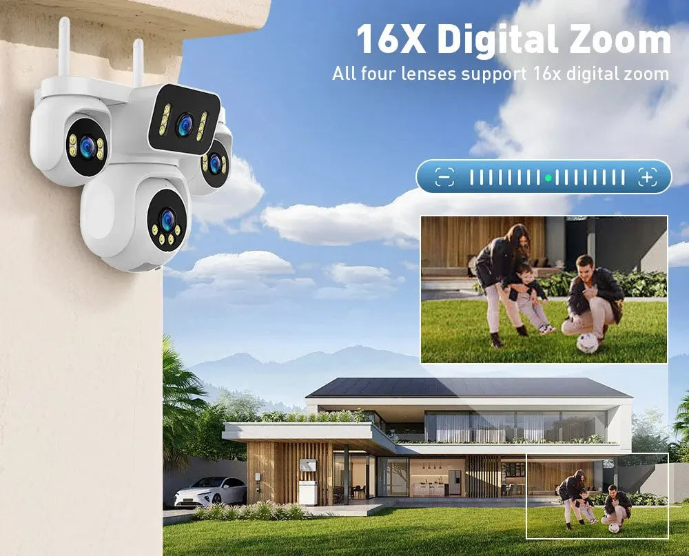 10K 20MP WiFi Security Camera Outdoor 16X Zoom 4 Lens 4 Screen 360° PTZ Camera IR Color Night Vision CCTV Wireless Surveillance