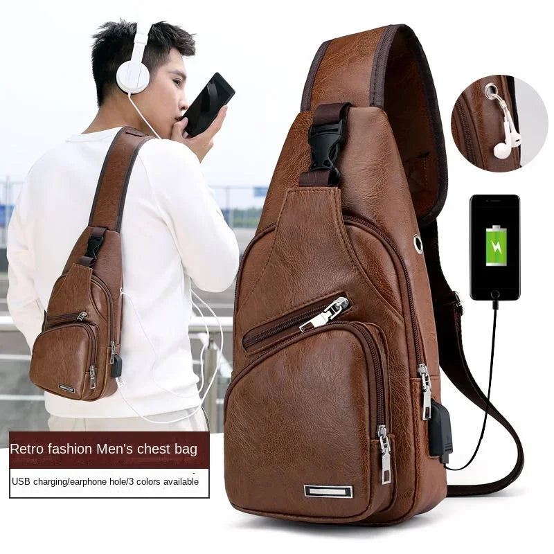 In stock men's chest bag with headphone jack USB shoulder strap