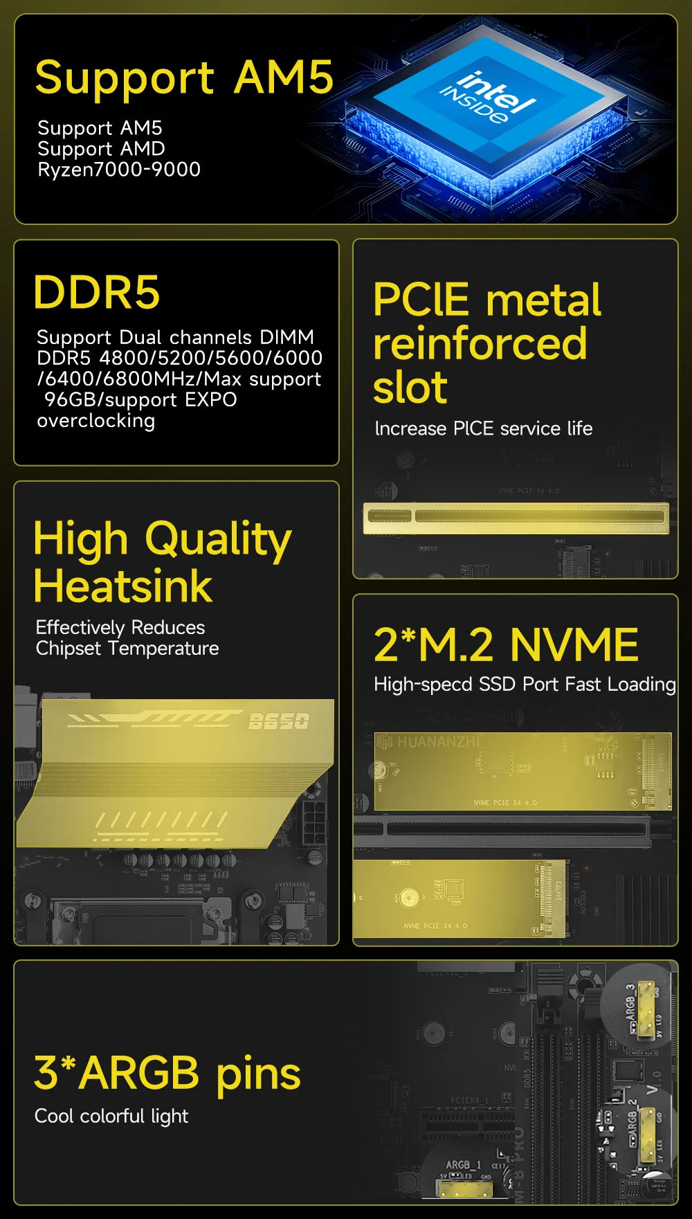 HUANANZHI B650M B PRO AMD AM5 Motherboard Supports Ryzen R5 R7 7000 8000 9000 Series M.2 NVME WIFI Dual Channel DDR5 EXPO RAM