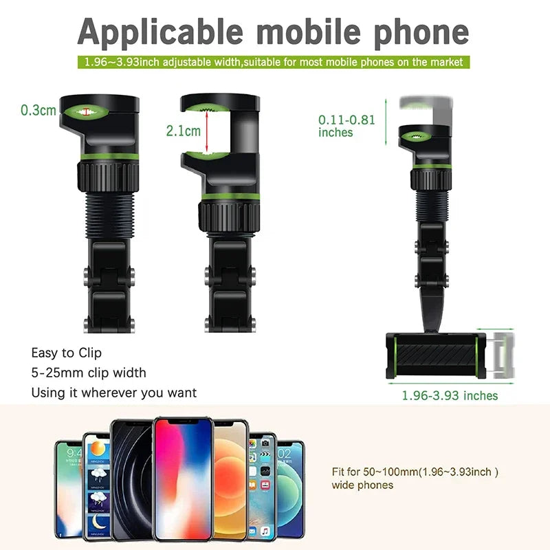 360° Rotatable Extendable Car Phone Holder - Rearview Mirror Mount, Adjustable Length, Multifunctional