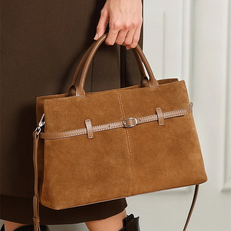 Burminsa Suede Cowhide Genuine Leather Tote Handbags For Women 2025 Luxury Designer Matte Work Ladies Shoulder Crossbody Bags