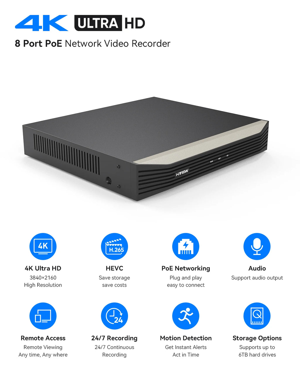 H.View 4K 8Ch Poe Nvr Cctv Security System H.265 Video Audio Recorder 8Mp Network Surveillance For Poe Ip Camera Onvif