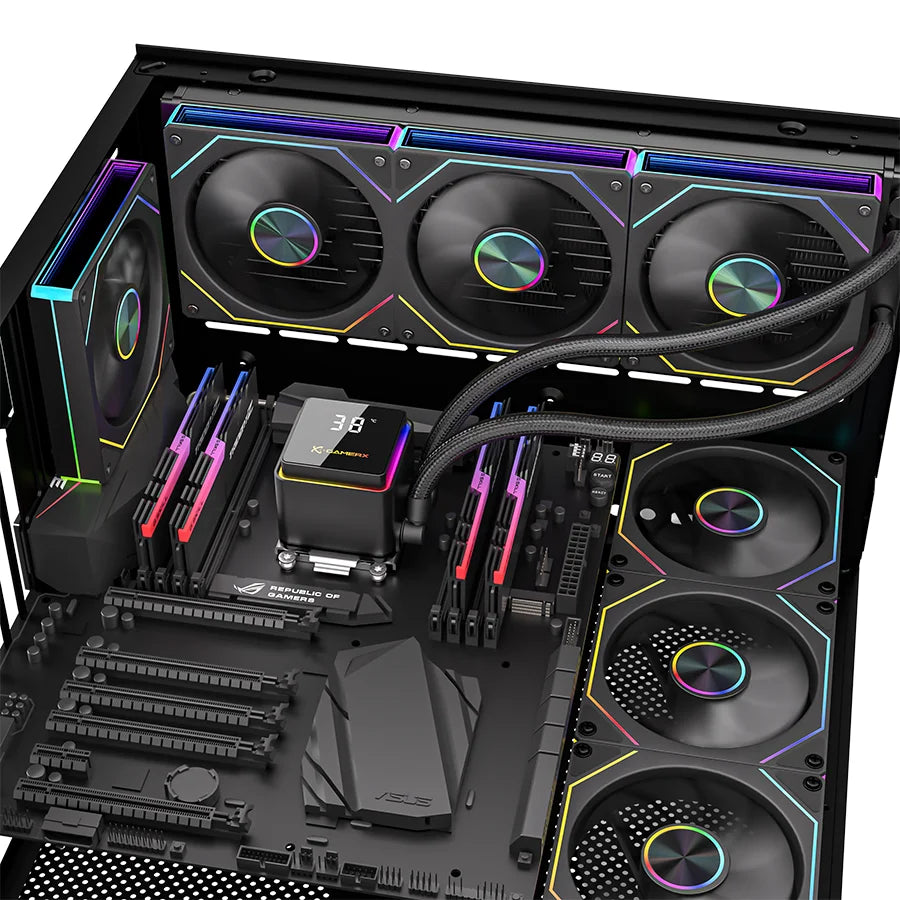 X-GAMERX PowerTrain M360 water cooler 360mm Global ARGB light effect 360° magnetic cover digital display screen aio cpu cooler