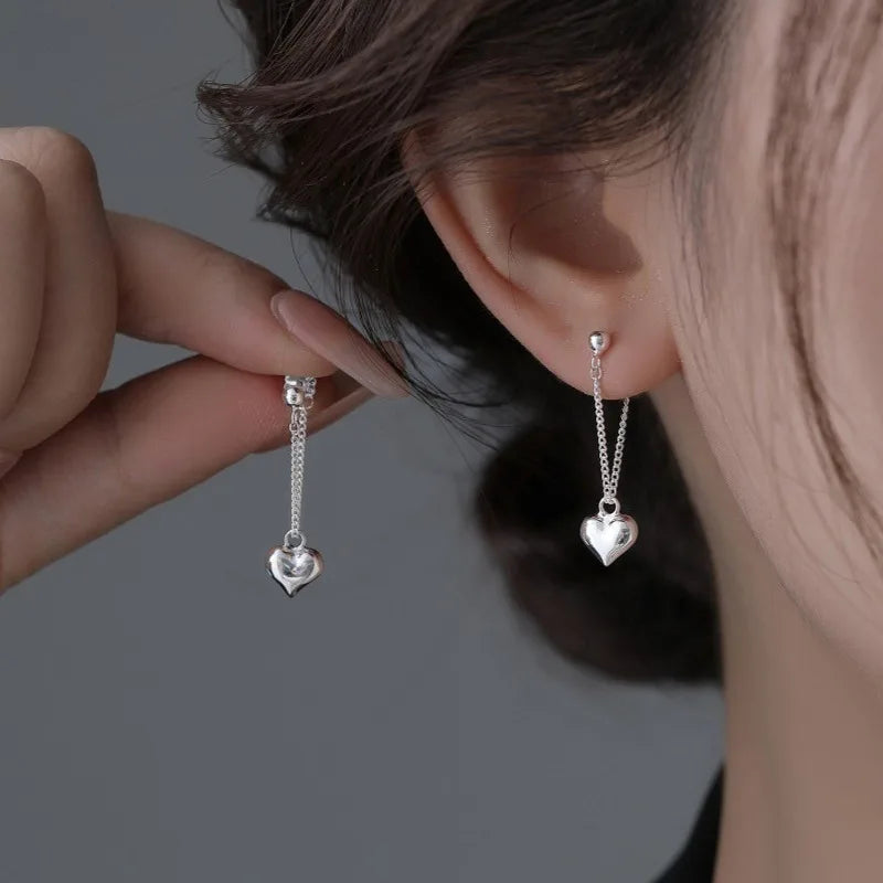 Vintage S925 Silver Hoop Earrings For Women Fashion Korean Heart Chain Drop Earring Prevent Allergy Party Gothic Punk Jewelry