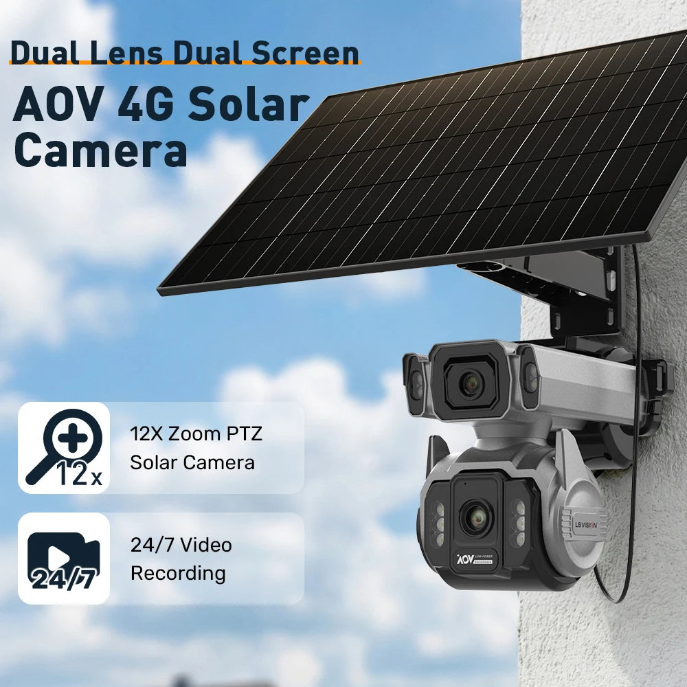 LS VISION Dual Screens 10MP AOV Solar Camera Outdoor 12X Zoom 24/7 Recording 4G SIM Auto Tracking Zoom PTZ Security Cameras CCTV