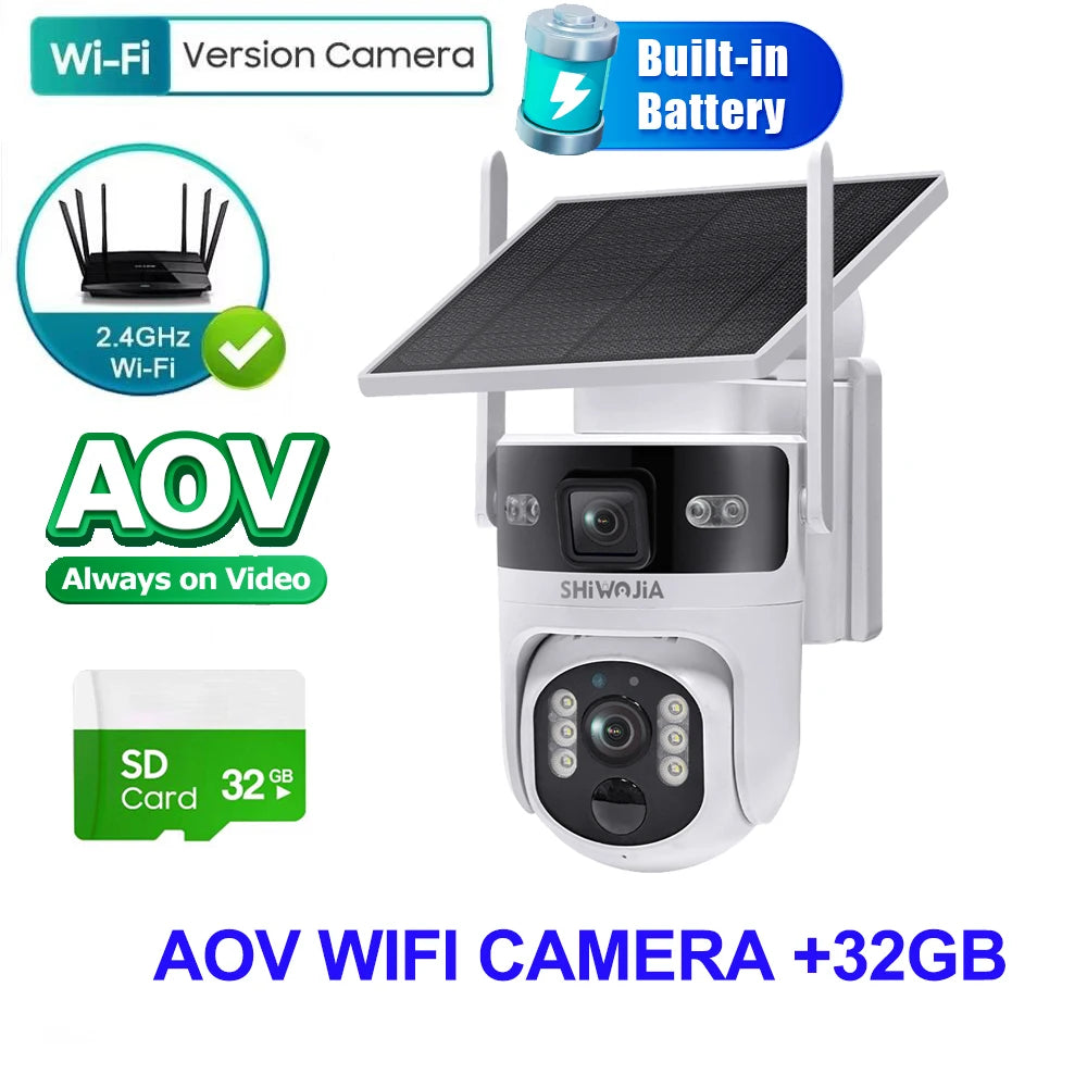 SHIWOJIA 8MP AOV Solar Battery Camera 4G SIM 7/24 Hours Recording Wireless WIFI Security PTZ Camera Dual Lens PIR Night Vision
