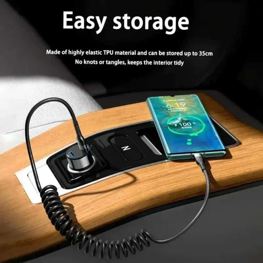 66W Car 5A Fast Charging USB Type C Spring Telescopic Cable For iPhone 16 15 14 13 Samsung Huawei Xiaomi Redmi OnePlus 1m Charge