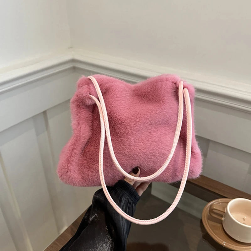 Plush Large-capacity Bag Women's Autumn and Winter New Simple Shoulder Underarm Bag Fashionable Fluff Bucket Handbag