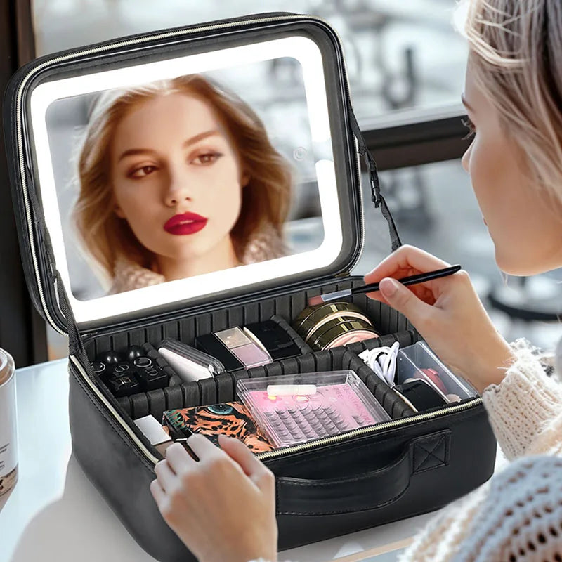 Makeup Organizer Case With Mirror Light 3 Adjustable Brightness Travel Train Cosmetic Toolbox Tattoo Tool Women Makeup Bag Case