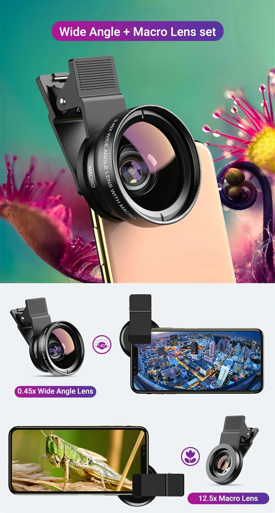 2 In 1 Clip-on Fish Eye Magnifiers Mobile Phone Lens Professional Mobile Phone Camera Lenses 15X Macro 0.45X Super Wide Angle