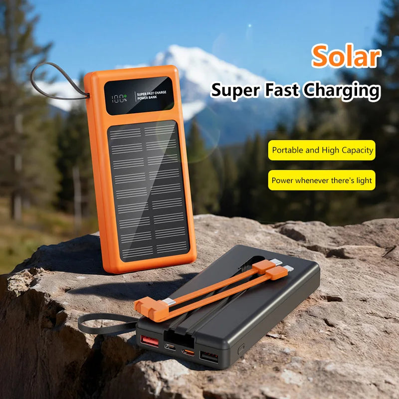 200000mAh Solar Power Bank Built 2 in1 Cable 120W Fast Charging Solar Phone Charger Portable Digital Display External Battery