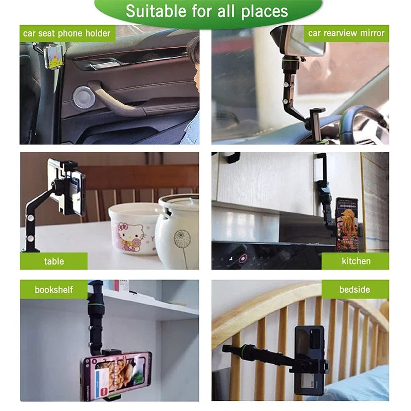 360° Rotatable Extendable Car Phone Holder - Rearview Mirror Mount, Adjustable Length, Multifunctional