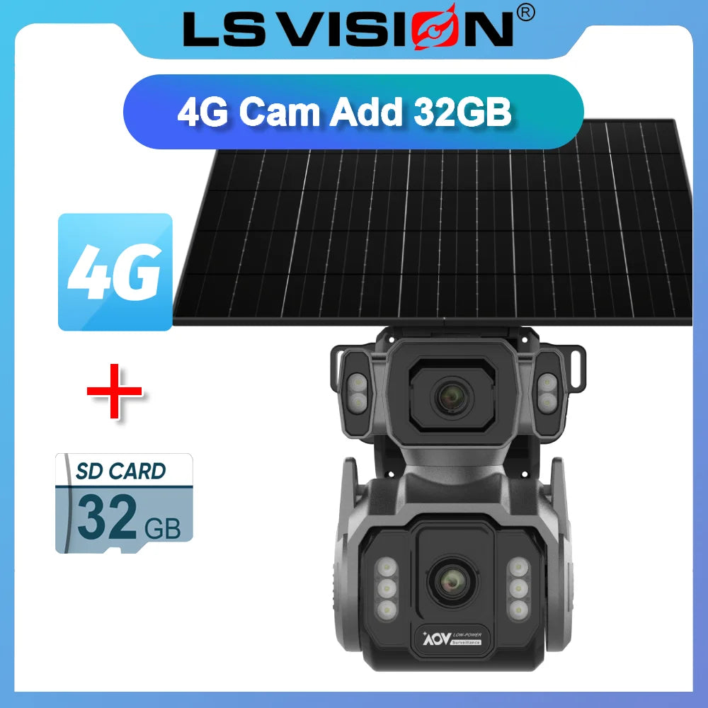 LS VISION Dual Screens 10MP AOV Solar Camera Outdoor 12X Zoom 24/7 Recording 4G SIM Auto Tracking Zoom PTZ Security Cameras CCTV