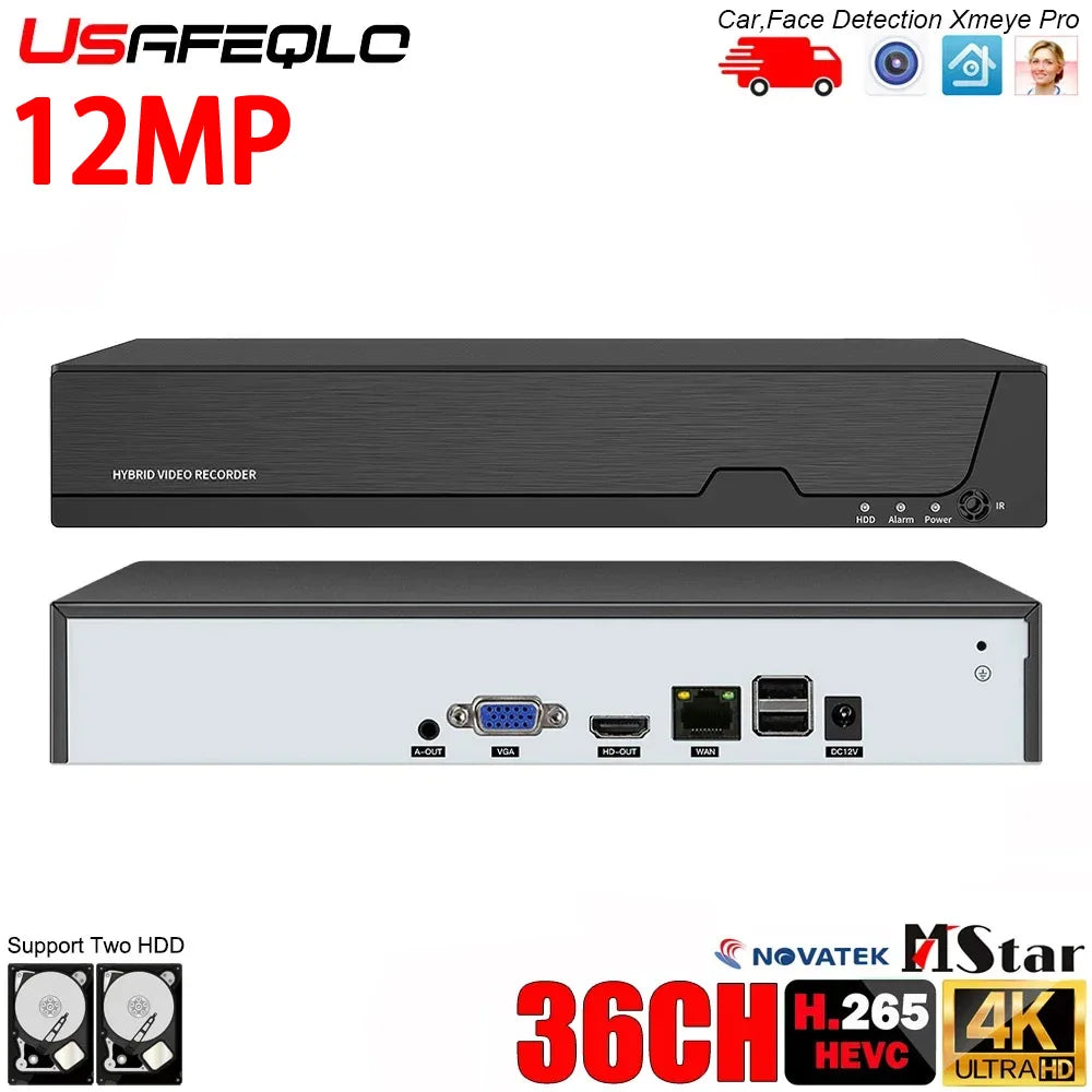 12MP 36CH H.265 NVR DVR Face Detection Security Video Recorder Email Alerts CCTV Support 2 HDD 14TB Port For IP Camer System