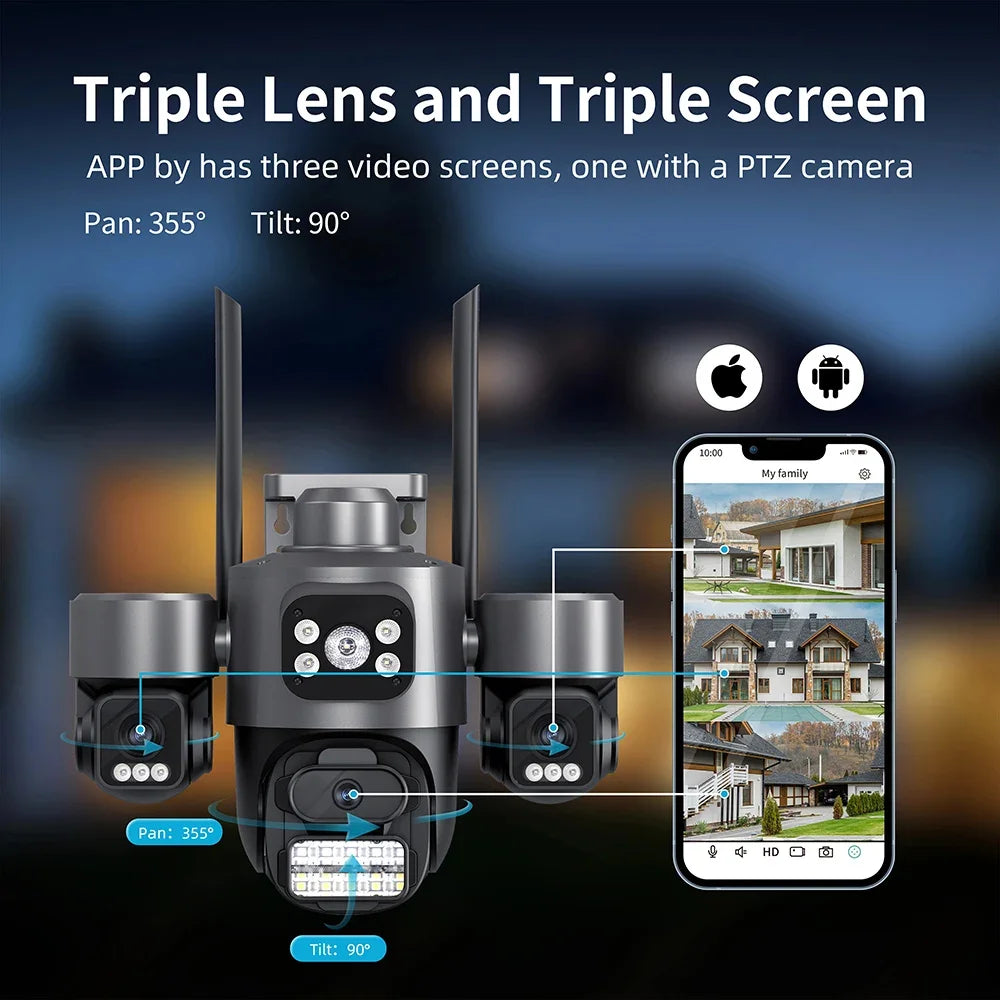 15MP HD Three Screen WIFI IP Camera Outdoor 4K Dual Lens Camera Ai Human Detection Waterproof CCTV Video Security Camera iCsee