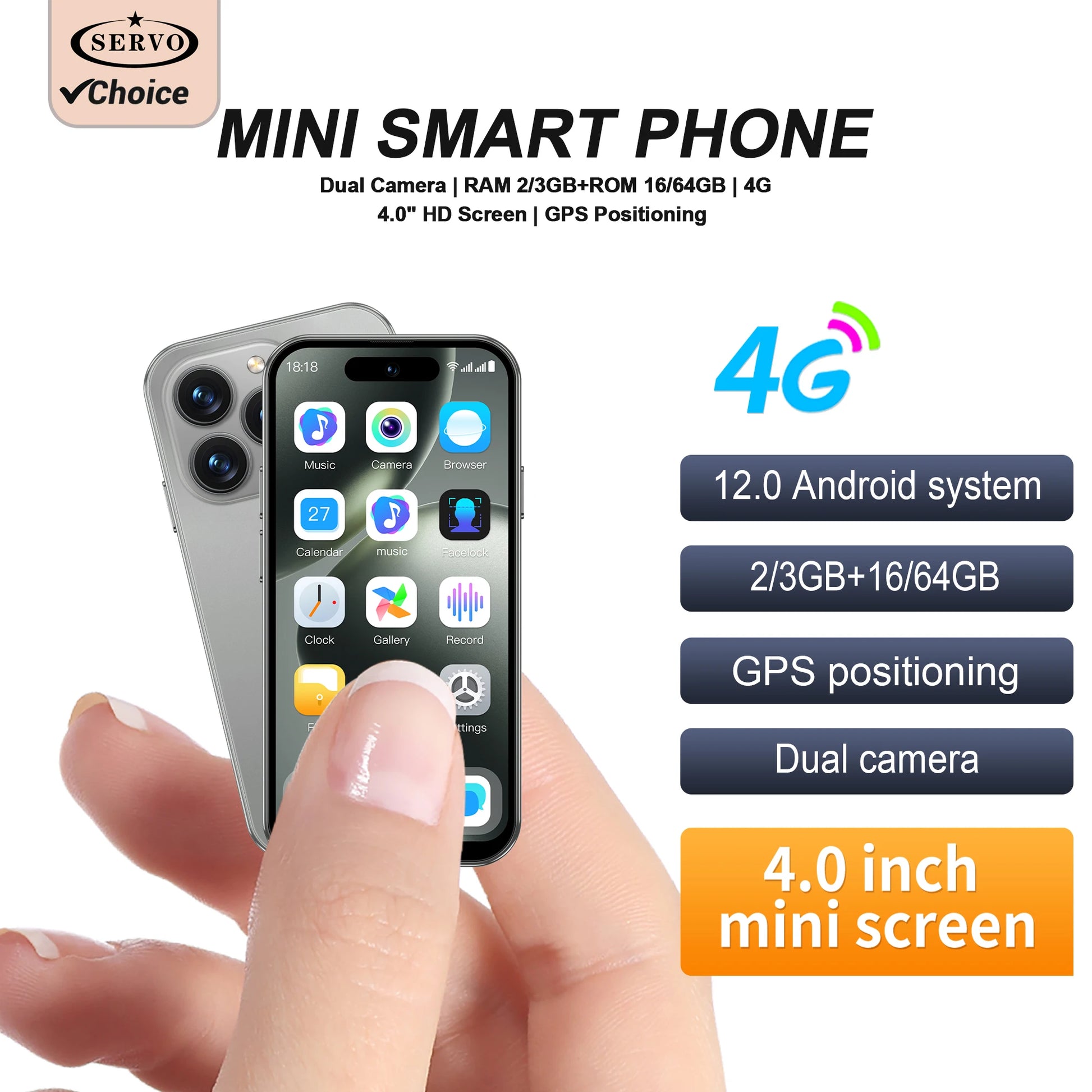 SERVO S16 Mini 4G LTE Android Pocket Smartphone 16GB/64GB Play Store WiFi GPS Dual SIM Dual Camera 4.0"Display Small Mobile Phon