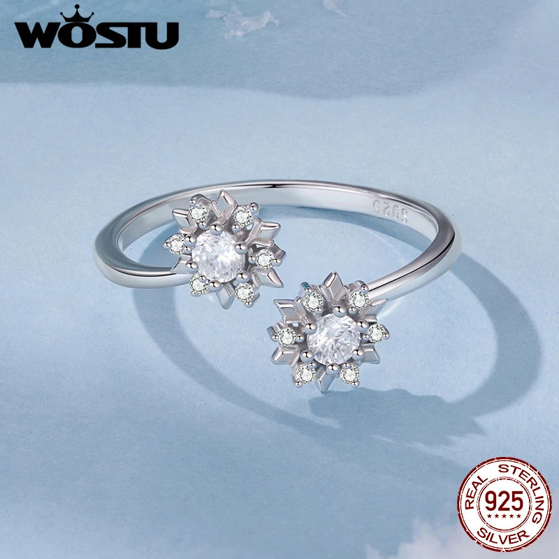 WOSTU 925 Silver Snowflake Ring For Women , Shiny AAA Zircon Double Snow Flower Winter Wedding Xmas Jewelry Gift Party Gift