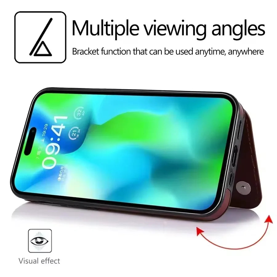 Luxury PU Leather Wallet Case For iPhone 16 15 14 13 12 11 Pro Max SE X XR XS Max 8 7 Plus Kickstand Card Holder Slots Cover