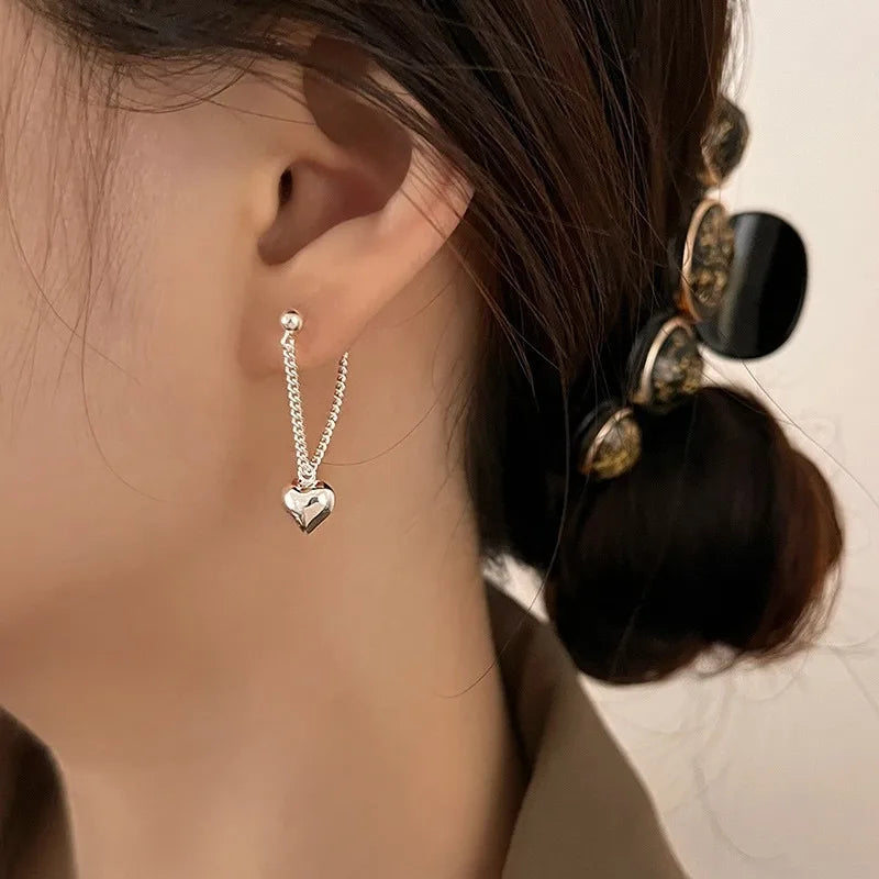 Vintage S925 Silver Hoop Earrings For Women Fashion Korean Heart Chain Drop Earring Prevent Allergy Party Gothic Punk Jewelry