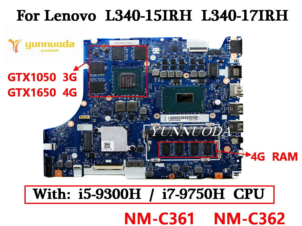 NM-C361 NM-C362 for Lenovo L340-15IRH L340-17IRH Laptop Motherboard with i5 i7 CPU  GTX1050 GTX1650 GPU 0G 4G RAM 100% test work